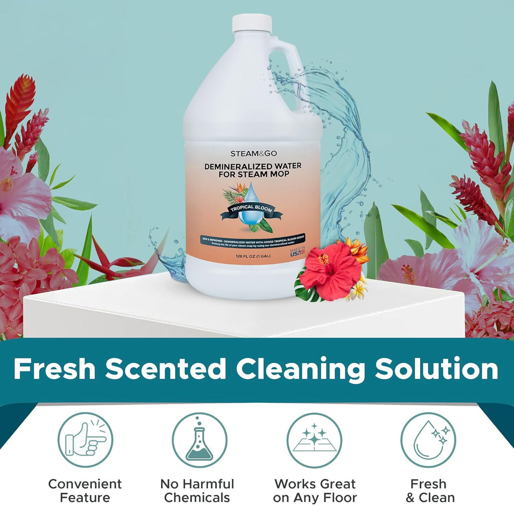 Steam & Go Demineralized Water | PVC-Free Multi-Surface Cleaner for Steam Mops - Tropical Bloom, 128 Fl Oz