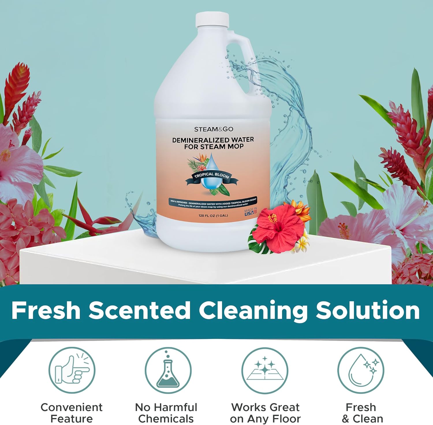 Steam & Go Demineralized Water | PVC-Free Multi-Surface Cleaner for Steam Mops - Tropical Bloom, 128 Fl Oz