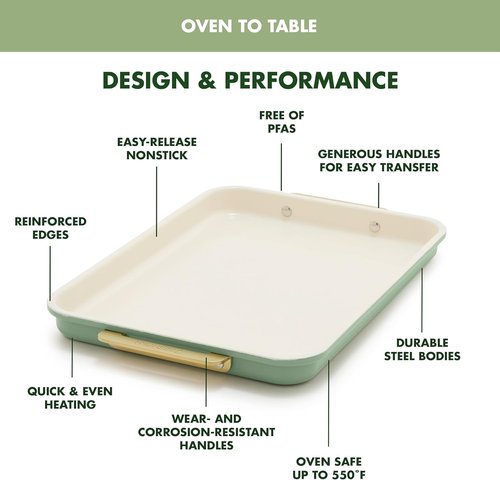 GreenPan Bakeware Set - 7 Piece Nonstick Ceramic Baking Essentials | PFAS & BPA Free, Sage Green