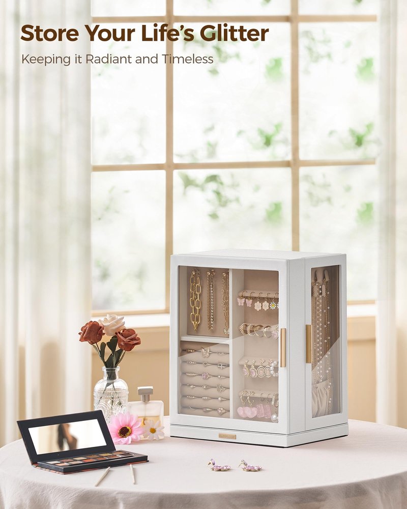 Glimmloop 360° Rotating Jewelry Box with 5 Drawers, Spacious Vertical Jewelry Organizer with Glass Window, Jewelry Storage Case, Dustproof & Moisture-resistant Design, White