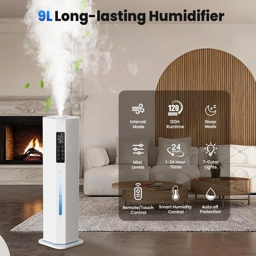 GloryAir Humidifier - 2.38Gal/9L Top Fill Cool Mist for Large Rooms | 120H Run Time, Auto Mode & 7-Color Light