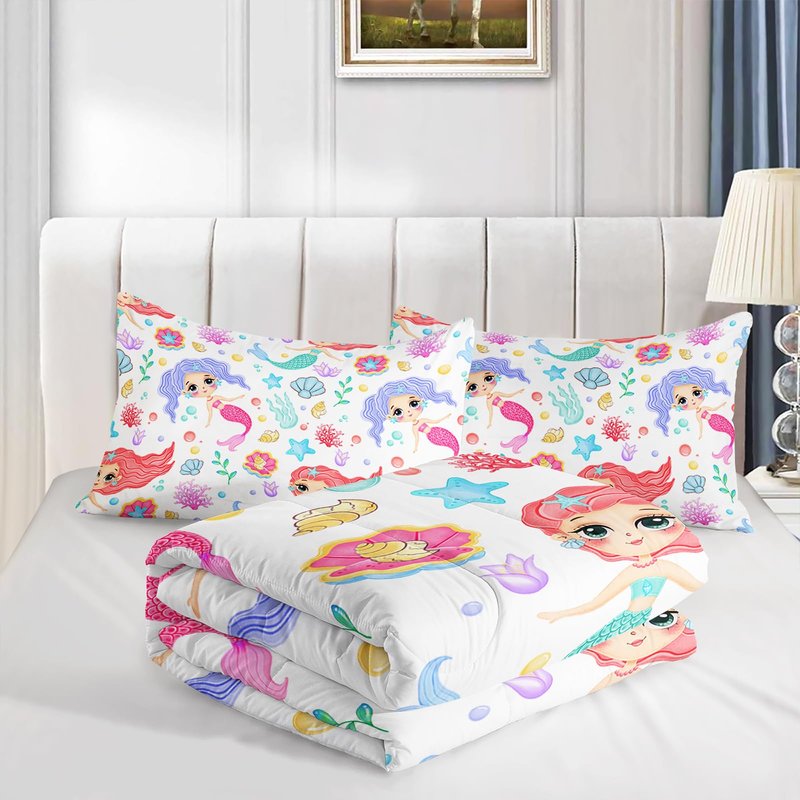 XYNHML Mermaid Comforter Set Twin Size Fairy Tale Sea Shell Grass Bedding Set Starfish Quilt Bed Set for Kid Girls with 1 Comforter and 2 Pillowcases