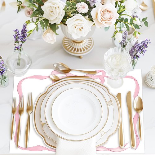 JarThenaAMCS 50 Sheets Pink Bow Paper Placemat Coquette Bowknot Place Mat Cute Disposable Table Mat for Bachelorette Party Dinner Table, 14 x 10 Inch