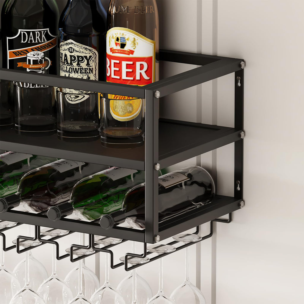 MAIKAILUN Wall Mounted Wine Rack Black with Glass Holder 30in Metal Bottle Holder Hanging Multi Functional Wine Storage Display Rack for Home Bar Dining Room Kitchen (Black, 2-Tier)