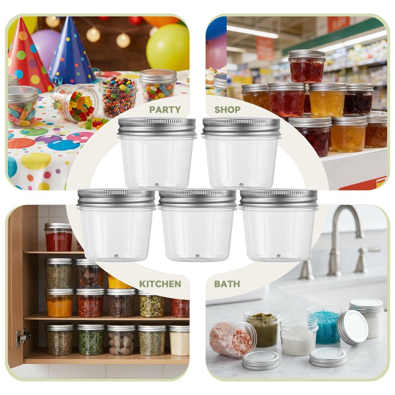 novelinks 4 oz Small Plastic Jars with Lids, 40 Pack Mini Plastic Mason Jars with Lids 4oz, Craft Storage Containers & Canning Jars & Small Spice Jars for Kitchen Organization (40 Pack,Silver)