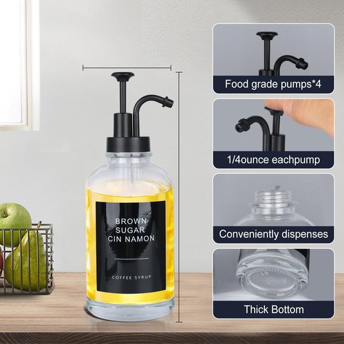 MSTCMZP Coffee Bar Accessories Coffee Syrup Dispenser with Labels,500ML Glass Dispenser Syrup Pump Dispenser(4pc Black)