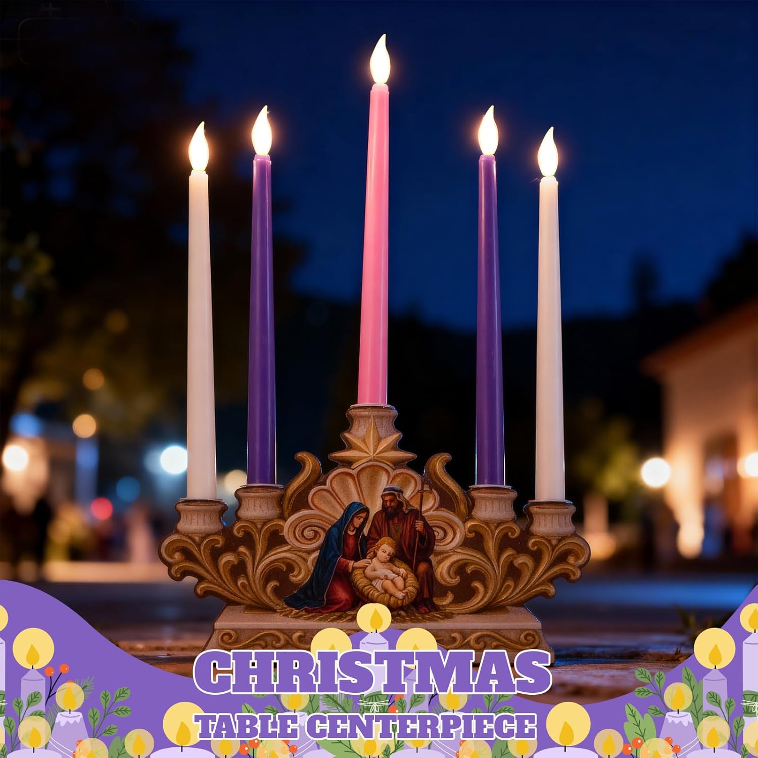 Qinyoung Advent Candle Holder - 5 Pcs Flameless Candles with Nativity Scene | Religious Table Decor