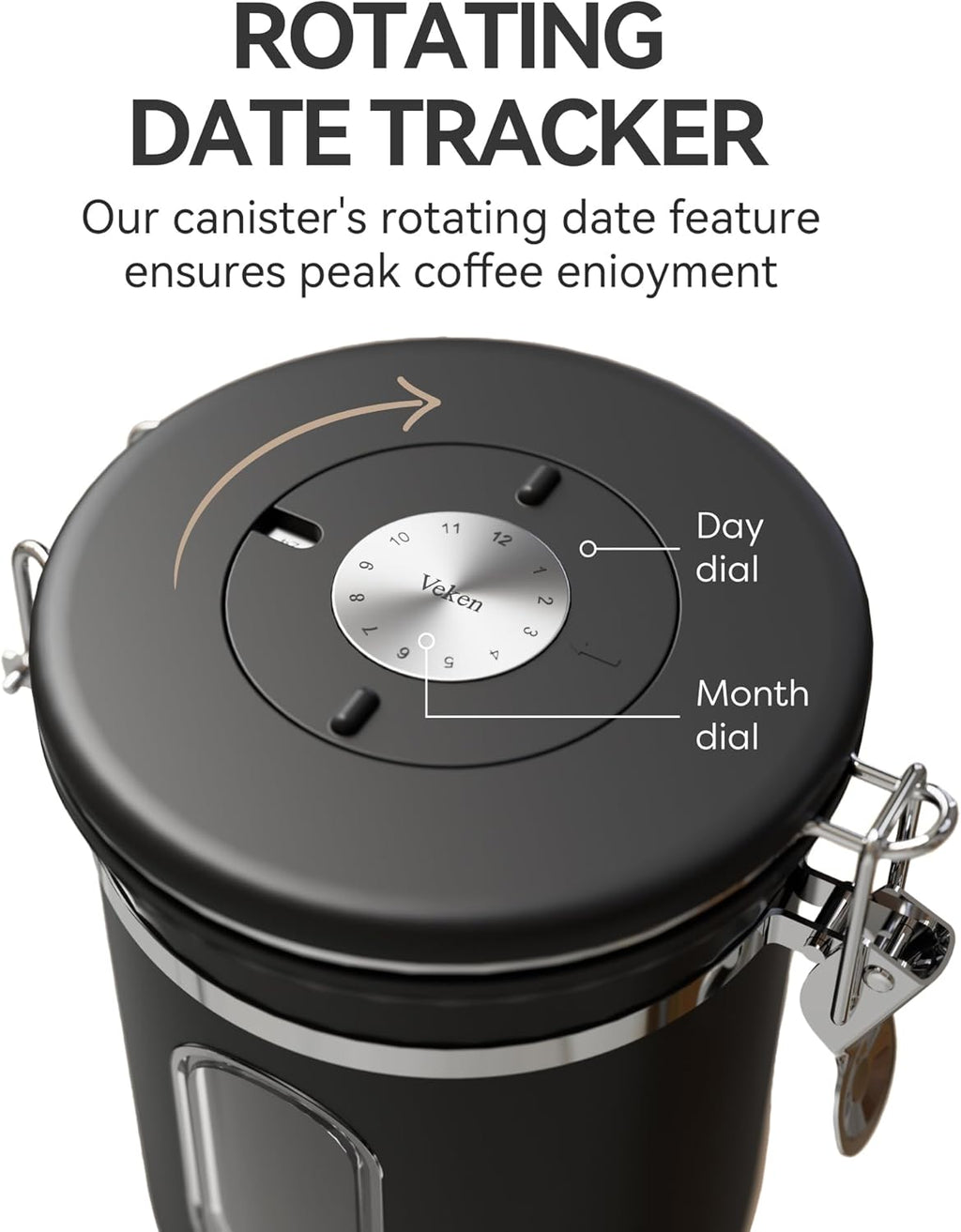 Veken Coffee Canister - Airtight Stainless Steel Storage Container with Window & Date Tracker | 16oz Black