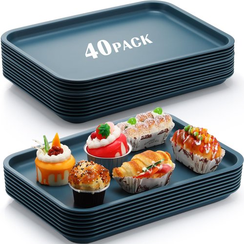 Maxdot 40 Pcs Cafeteria Trays, 9" x 12" Plastic Fast Food Serving Tray, Rectangular Stackable Standard Cafeteria Trays Serving Platter for School Kitchen Party Dining Restaurant Grill (Slate Blue)