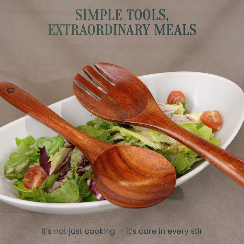 BRIVANA 6-Piece Teak Wood Utensil Set – Durable Natural Teak with Smooth, Sealed Finish – Gentle on Non-Stick Cookware for Everyday Stirring, Mixing, Serving and Cooking