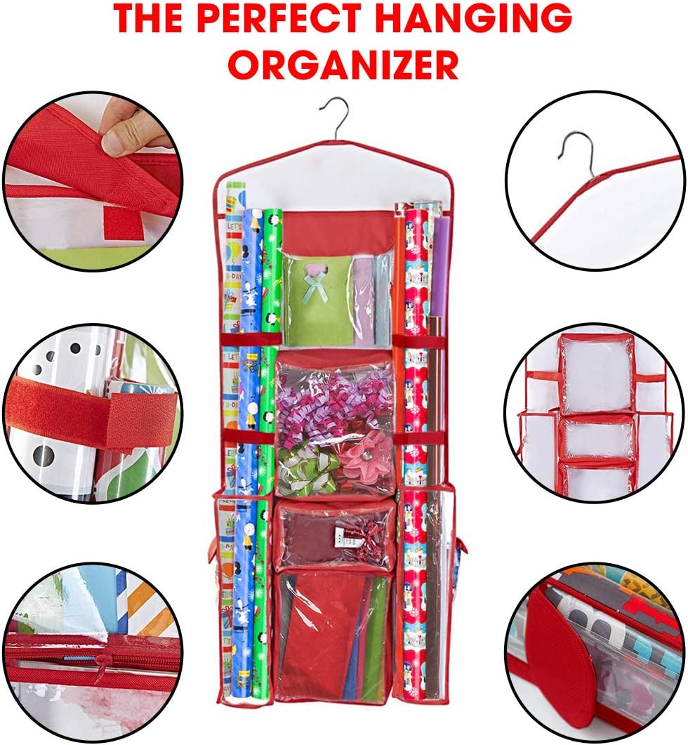 Primode Gift Wrap Organizer - Double-Sided Wrapping Paper Storage with Pockets for Accessories | 40”x17” Clear PVC Bag (Red)
