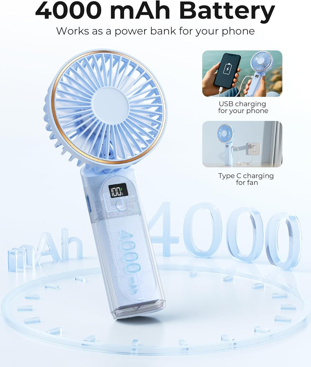 TUNISE Portable Handheld Fan - Rechargeable 4000mAh Battery | 180° Adjustable, 6 Speed, USB Foldable Design