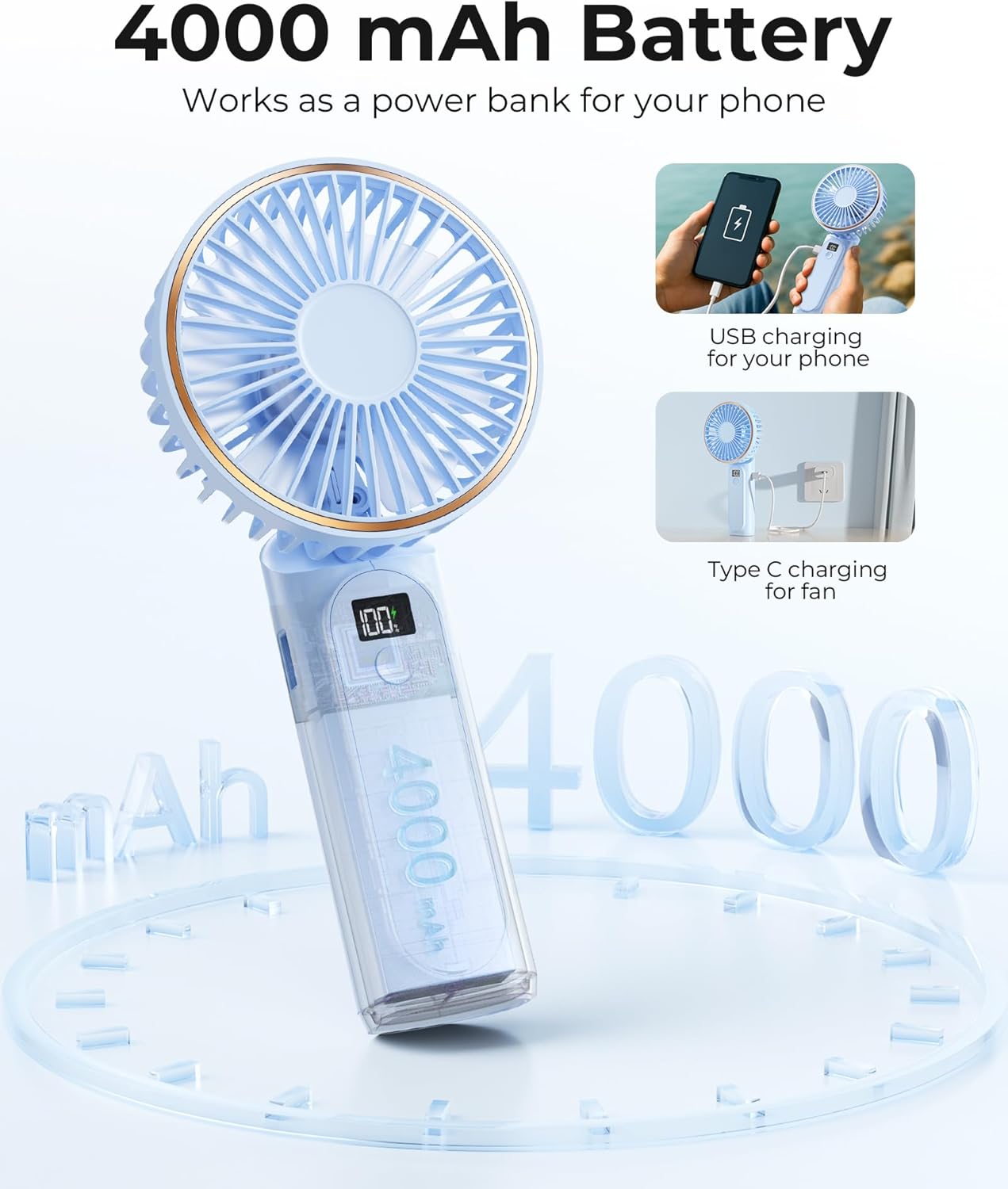 TUNISE Portable Handheld Fan - Rechargeable 4000mAh Battery | 180° Adjustable, 6 Speed, USB Foldable Design