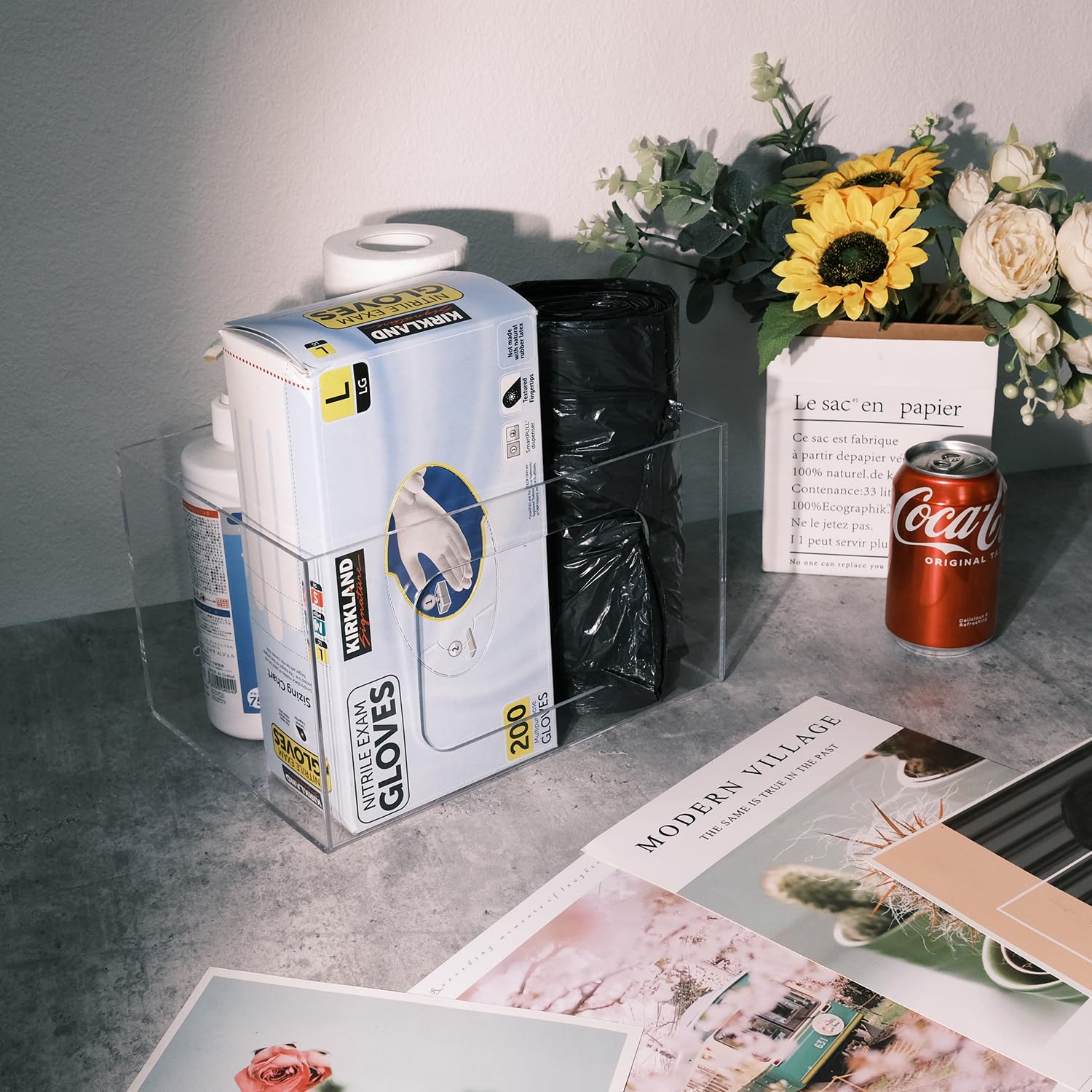 SEANADO Extra Large Trash Bag Dispenser Roll Holder, Wall Mount Acrylic Kitchen Under Sink Organizer Storage Box Large Garbage Bags (10.43” x 7.5” x 6.9” without Lid)