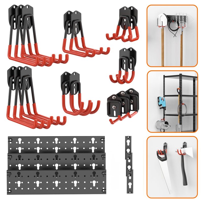 TORACK 24 PCS Garage Storage Hooks with Tracks, Wall Mount Tool Organizer for Garden Tools, Ladders, Cords, Folding Chairs, Shovels and Rakes, Shelving Hooks for Keyhole Style Shelving Units