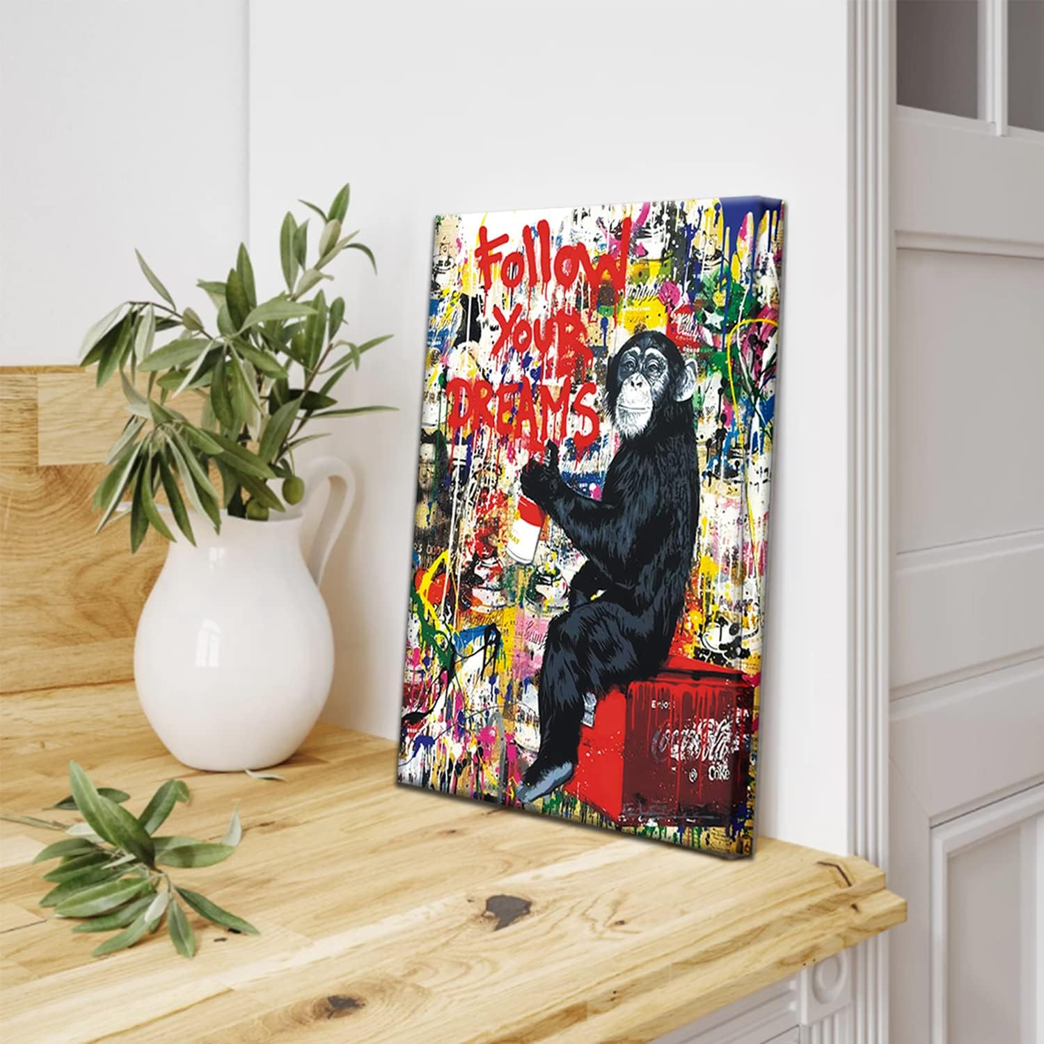 AKOTAC Monkey Street Graffiti Canvas Print - Follow Your Dreams Animal Art for Living Room & Office Decor | Framed & Ready to Hang