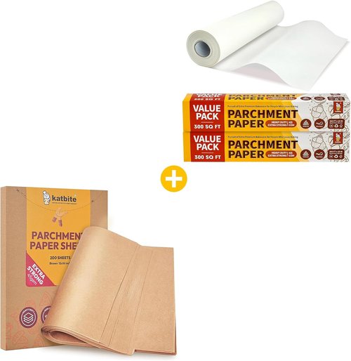 Katbite Unbleached Parchment Paper - 200 Pcs Precut 12x16 In | 15 In x 242 Ft Roll, 300 Sq.Ft for Baking