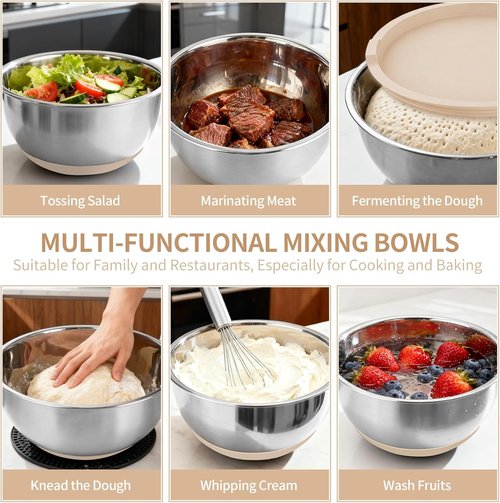 Deedro Premium Mixing Bowls Set - 22 Pcs Stainless Steel with Airtight Lids | Non-Slip Silicone Base, Khaki