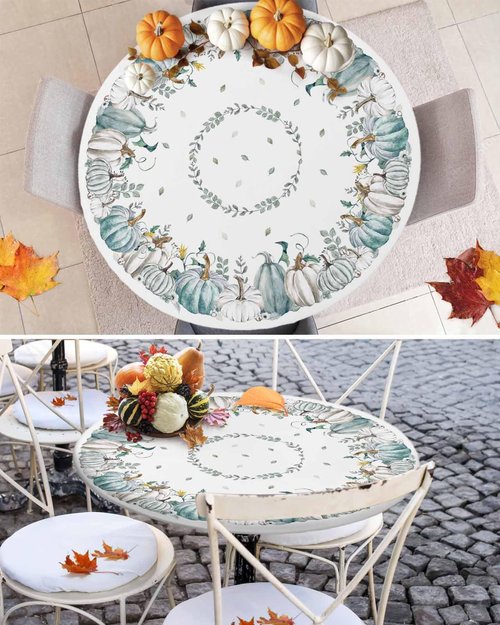 Fall Round Fitted Tablecloth with Elastic Thanksgiving White Teal Pumpkin Tablecloths Eucalyptus Leaves Table Cover for Kitchen Dinner Autumn Holiday Party Picnic Fits Tables up to 55"- 60" Diameter