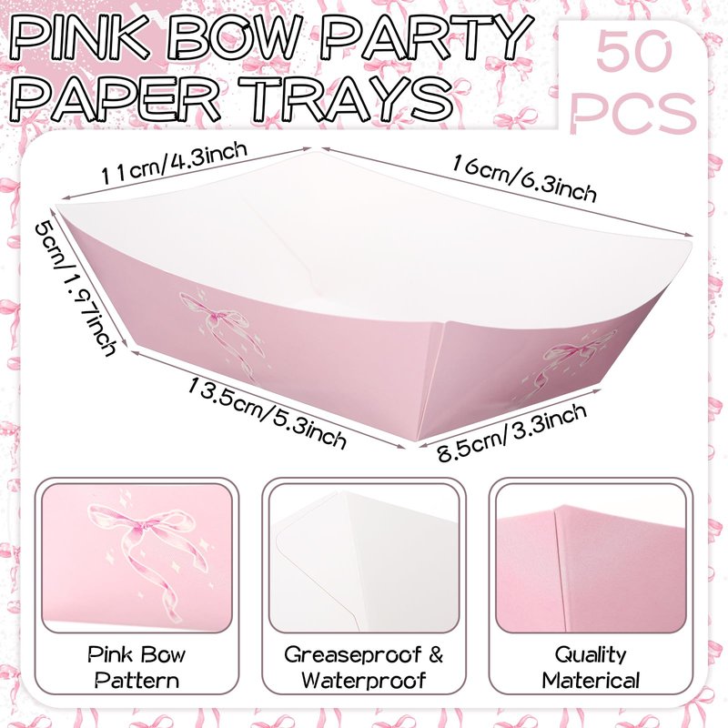 Geosar 100 Pcs Coquette Bow Paper Food Trays Bulk Bow Party Supplies Birthday Decor Disposable Food Boat Trays with Wax Paper Sheet Wrapping for Wedding Bridal Party Supplies(Pink)
