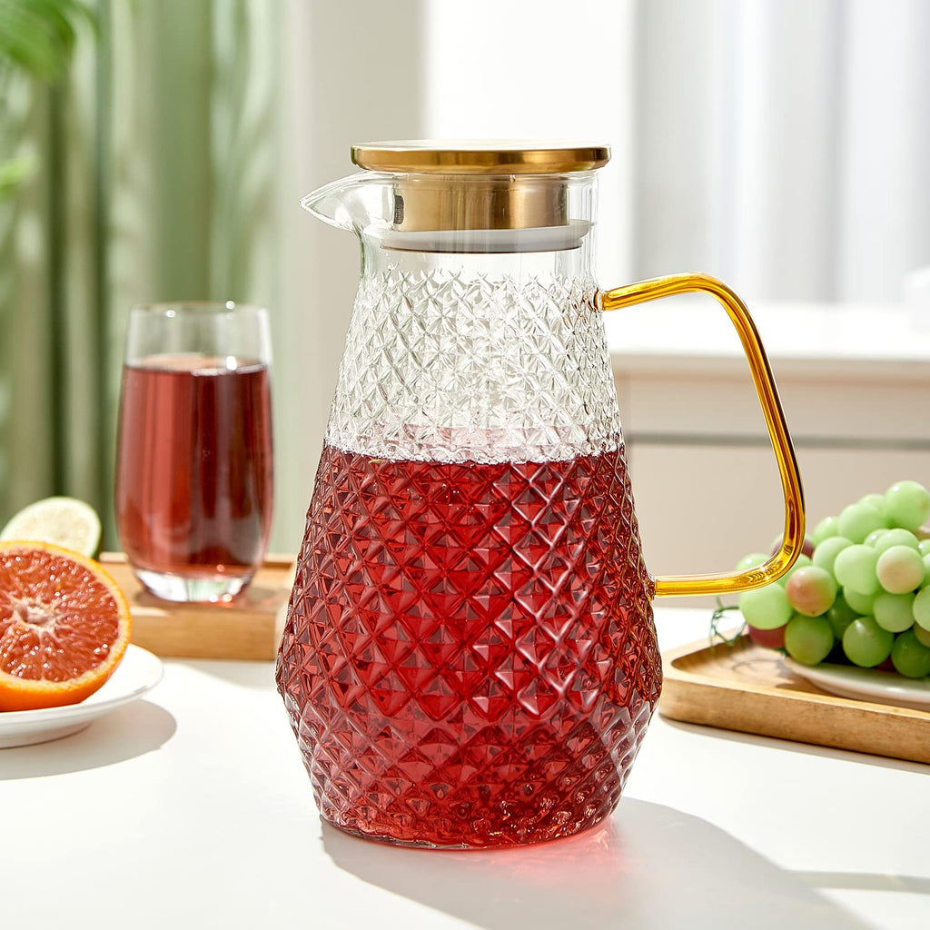 OTARTU Glass Pitcher,50oz/1.5 Liter Water Pitcher with S.S. Lid, Beverage Serveware, Iced Tea Jug,Water Carafe with Handle,Heat Resistant. Refrigerator Usable.