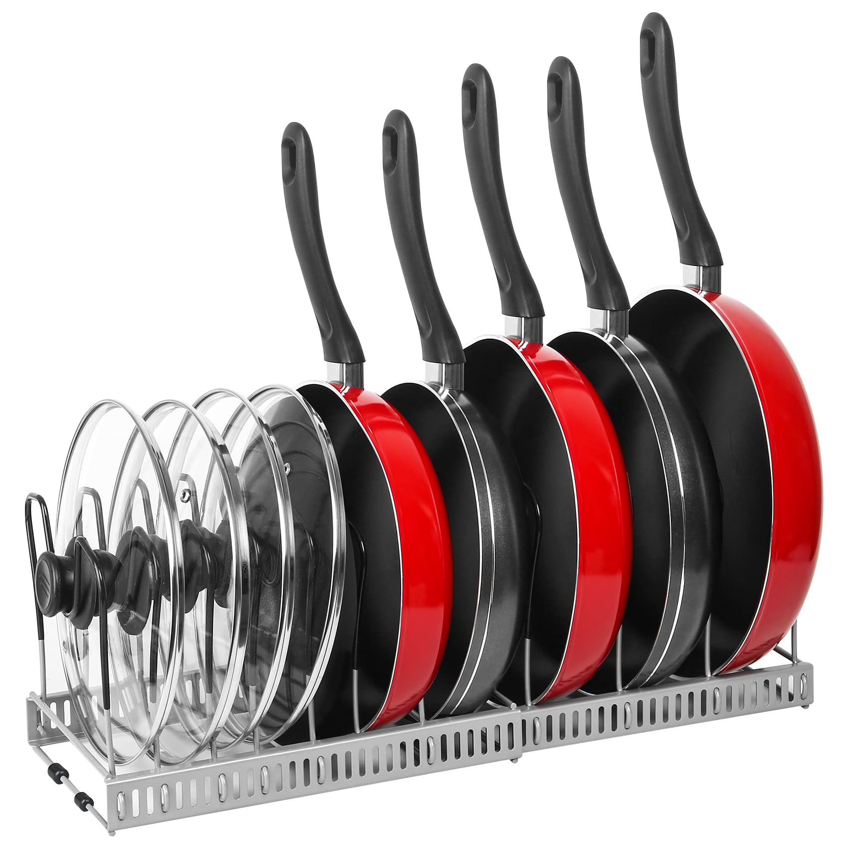 ROOHUA Pot Rack Organizer -Expandable Pot and Pan Organizer for Cabinet,Pot Lid Organizer Holder with 10 Adjustable Compartment for Kitchen Cabinet Cookware Baking Frying Rack