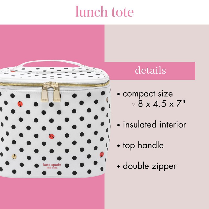 kate spade new york Insulated Lunch Tote, Small Lunch Cooler, Cute Lunch Bag for Women, Thermal Bag with Double Zipper Close and Carrying Handle, Ladybug Dot