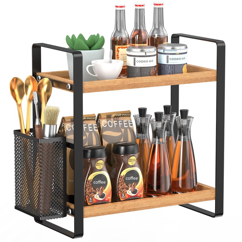 LEMIKKLE 2-Tier Coffee Bar Organizer With Basket,Wooden Counter Shelf for Coffee Bar Accessories,Kitchen Spice Rack Organizer for Countertop-Brown