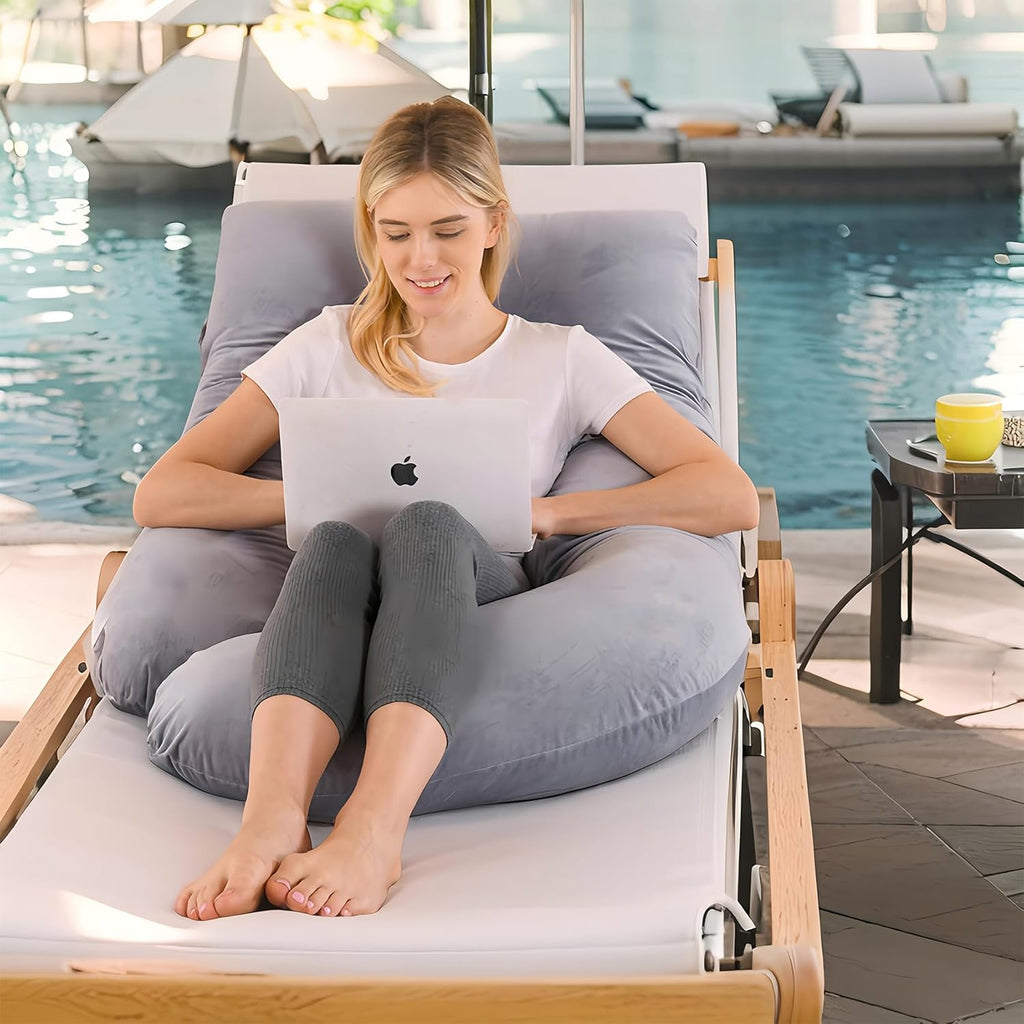 Skiennix U-Shaped Pregnancy Pillow - Full Body Support for Back, Hips & Belly | 65-Inch Velvet Grey Maternity Essential