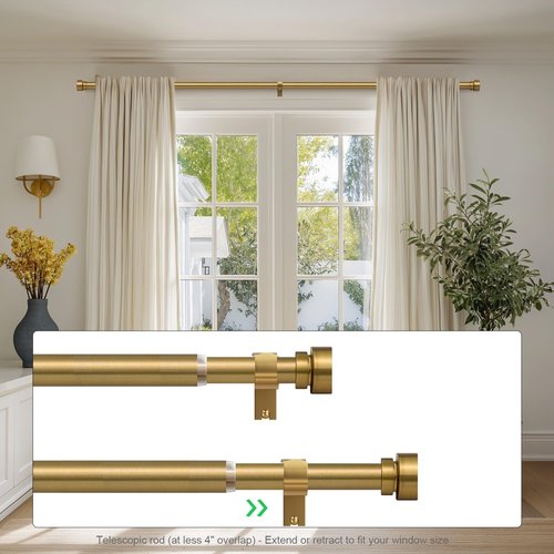 Lootkell Brass Gold Curtain Rods Set - Heavy Duty 1" Diameter, Adjustable 66 to 120 Inches | Stylish Metal Finials for Living Room & Bedroom
