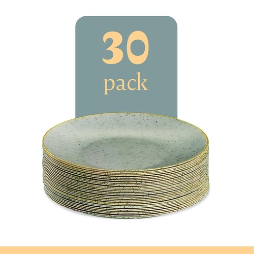 PLASTICPRO 30 Pack Disposable Plastic Plates Heavyweight Granite Look Elegant 7 inch Dinner Plates Green with Gold Rim