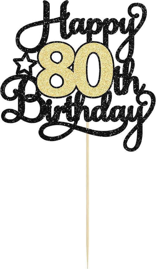 Happy 80th Birthday Cake Topper by [Brand Name] - Black Gold Glitter Design for Celebration