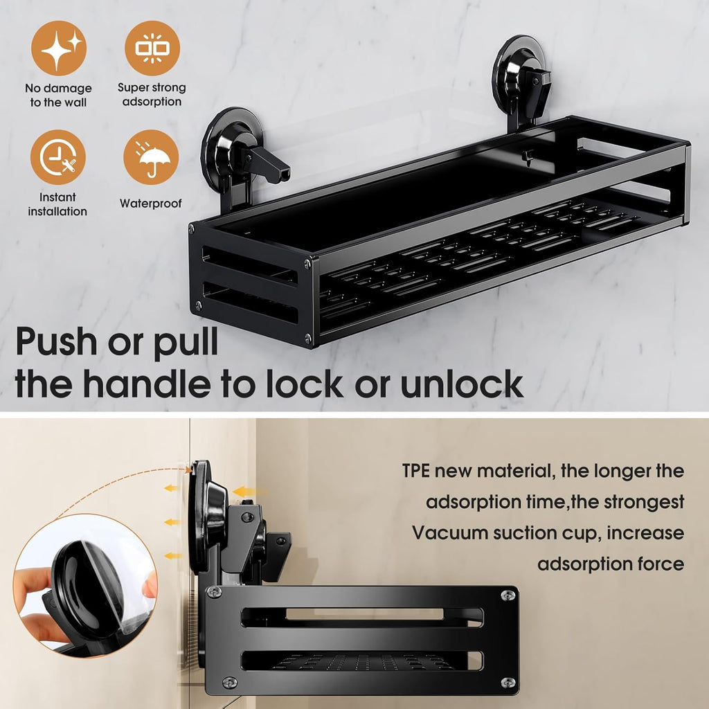Skiennix Shower Caddy - 15.7 Inch Suction Cup Bathroom Organizer | Rustproof Black Shelf with Hooks & 2 Extra Suction Cups