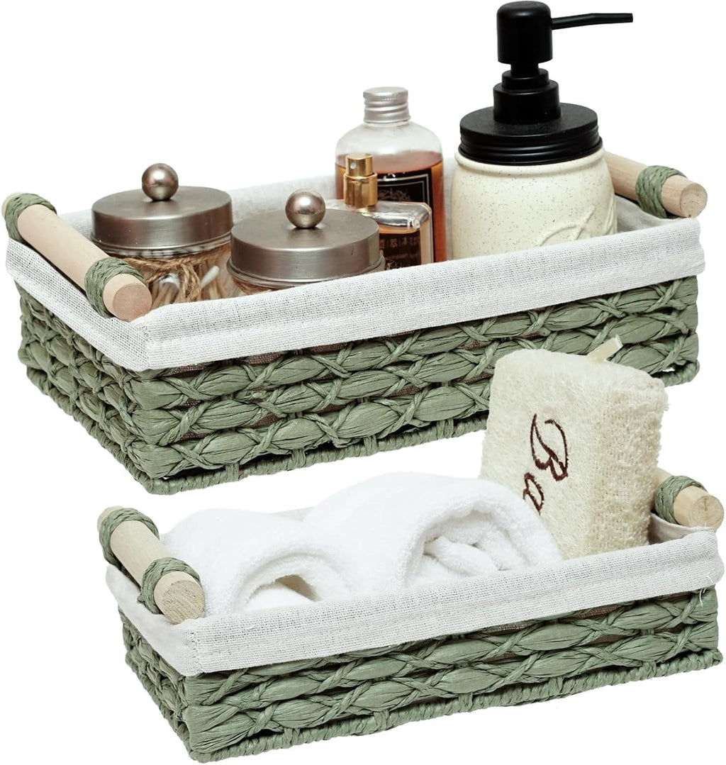 Regine Switzerland Set of 2 Green Bathroom Basket Organizers - Wicker Storage Baskets with Liner & Wooden Handles for Towels & Toiletries