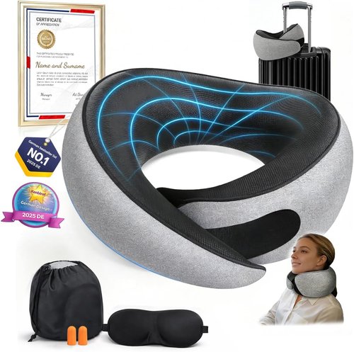 Memory Foam Travel Neck Pillow - Ergonomic 360° Head Support | Includes Eye Mask & Ear Plugs | Portable Gray Pillow for Flights & Cars