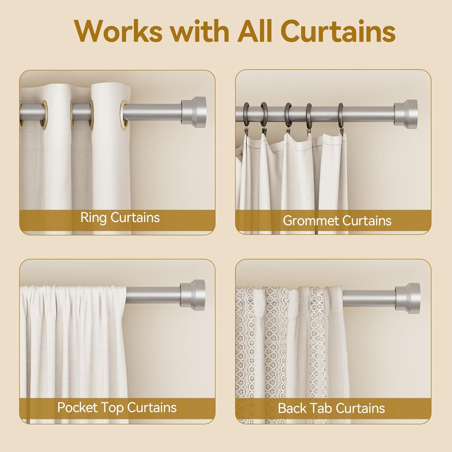 YaFex Curtain Rods - Heavy Duty 1 Inch Adjustable Window Treatment Rods | 32-118 Inch, Silver Finish