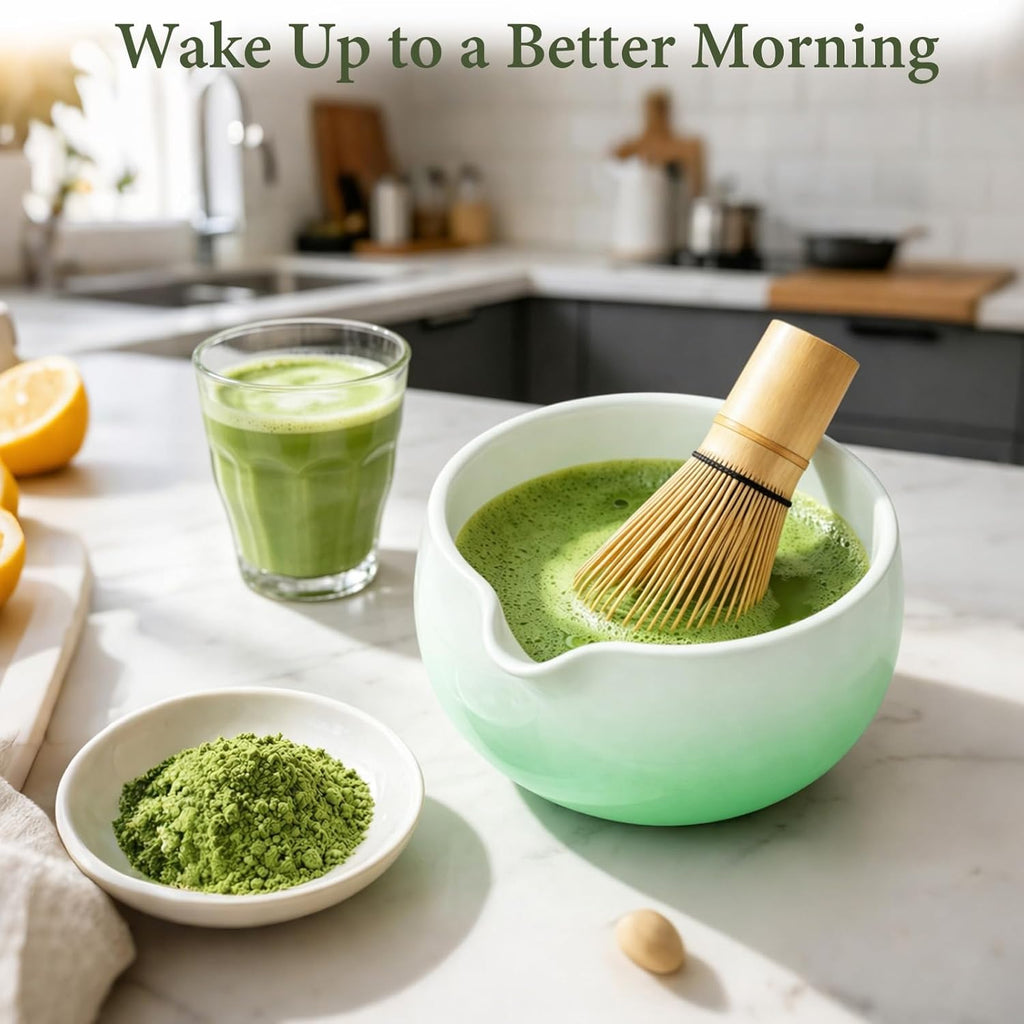 Skiennix Matcha Whisk Set - Complete 6PCS Ceramic Kit with Bowl, Bamboo Whisk, Scoop & Sifter (Green)