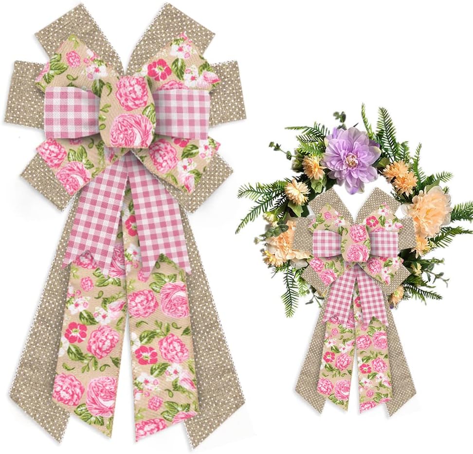 Skiennix Large Spring Wreath Bow - Pink Roses & Burlap Design | Retro Floral Decor for Indoor/Outdoor Use
