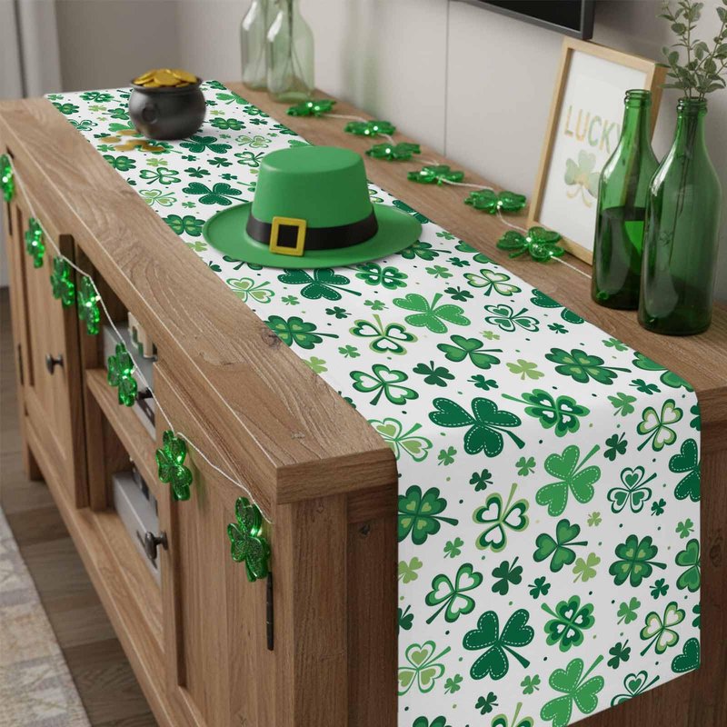 St Patrick's Day Green Shamrocks/Clover Table Runners Cotton Linen Non-Slip Rectangle Dresser Scarves for Spring Party Holiday Kitchen Dining Banquet/Family Gathering Home Decor,13" x 70" Long