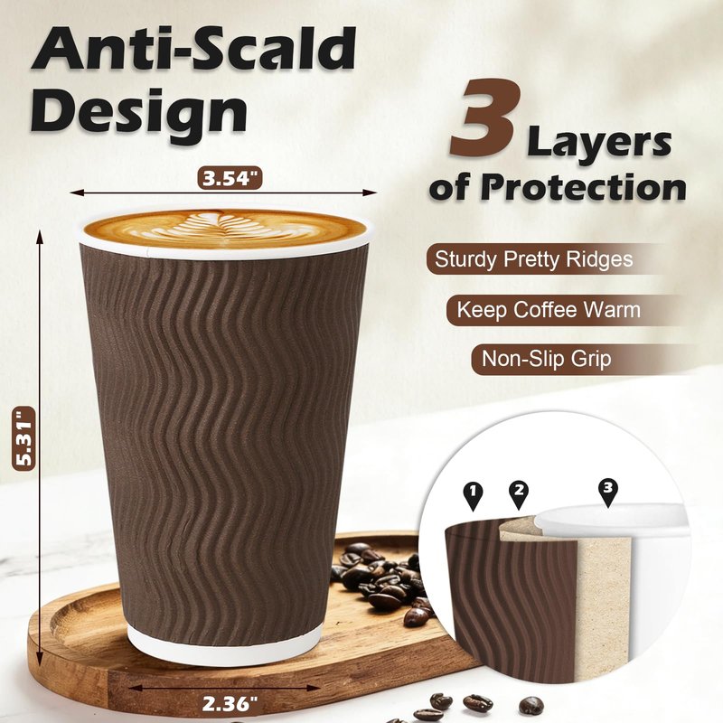 Clawsoff 90 Pack 16 oz Coffee Cups Disposable,Insulated Paper Coffee Cups,Corrugated Ripple Wall Design Paper Cup,Hot Cold Drinking Cup for Party, Picnic, Travel, Business, Home