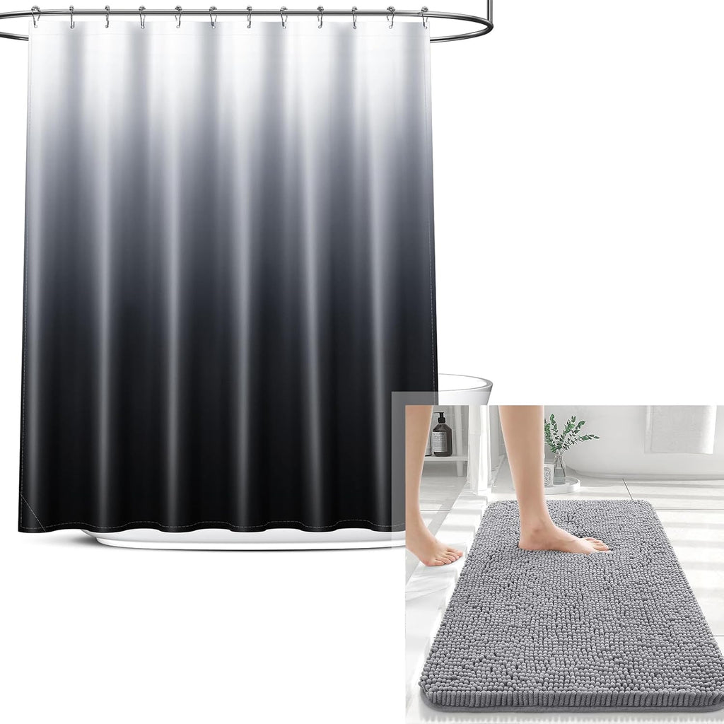 OLANLY Chenille Bath Rug & Shower Curtain Set - Soft Grey Rug 30x20 in & Elegant Black/Grey Curtain 72x72 in