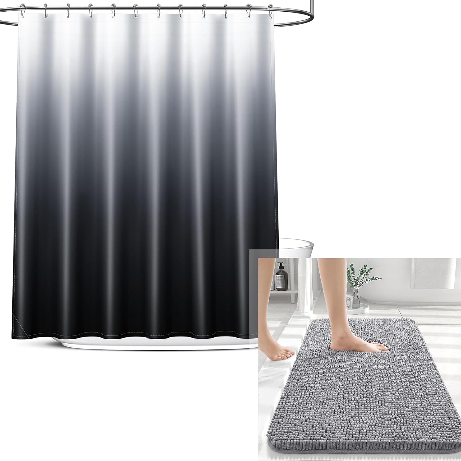 OLANLY Chenille Bath Rug & Shower Curtain Set - Soft Grey Rug 30x20 in & Elegant Black/Grey Curtain 72x72 in