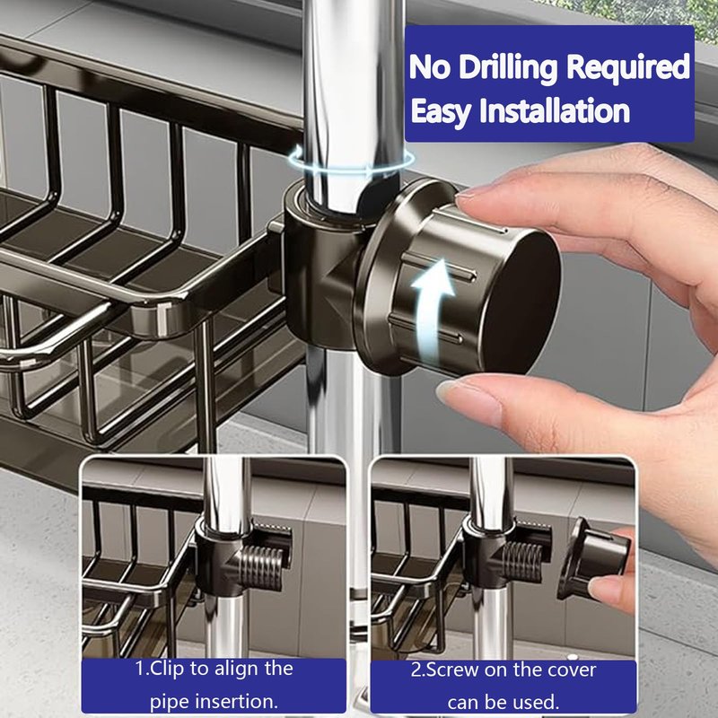 DURAUSE Kitchen Sink Faucet Organizer Multifunction Sponge Holder Organizer Sink Drain Holder Over Faucet Kitchen Sink Caddy with Hook Adjustable for 0.7-1.1inch Round Water Pipe (Silver, B)