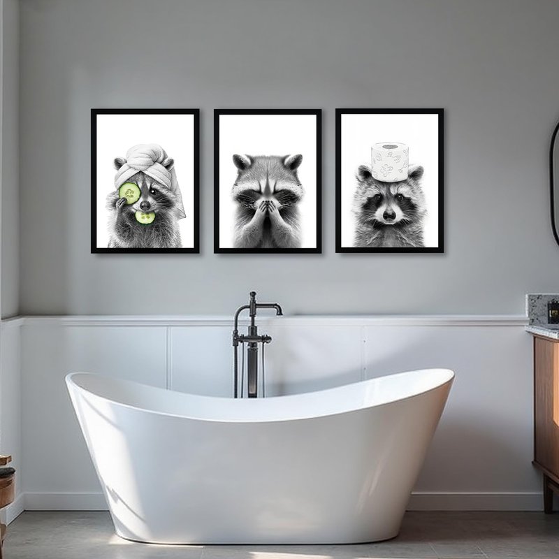 WRFON Raccoon Bathroom Wall Art Set of 3, Black and White Funny Animal Framed Canvas Prints, Farmhouse Wall Decor for Bathroom, Laundry Room or Kids Room, 16" W x 24" H Inch