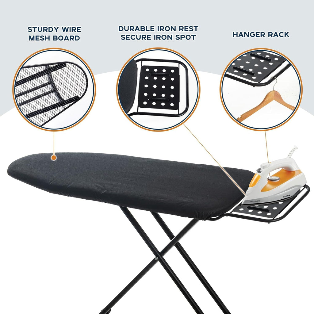 RAINHOL Full Size Ironing Board - Heavy Duty Compact Design with Heat Resistant Cover & Adjustable Height | 54"x13" Black