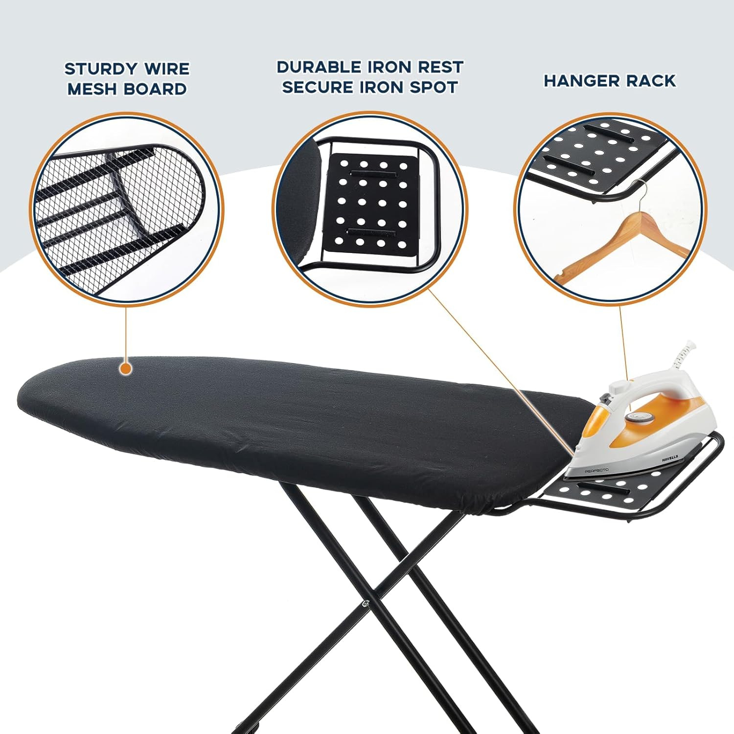 RAINHOL Full Size Ironing Board - Heavy Duty Compact Design with Heat Resistant Cover & Adjustable Height | 54"x13" Black