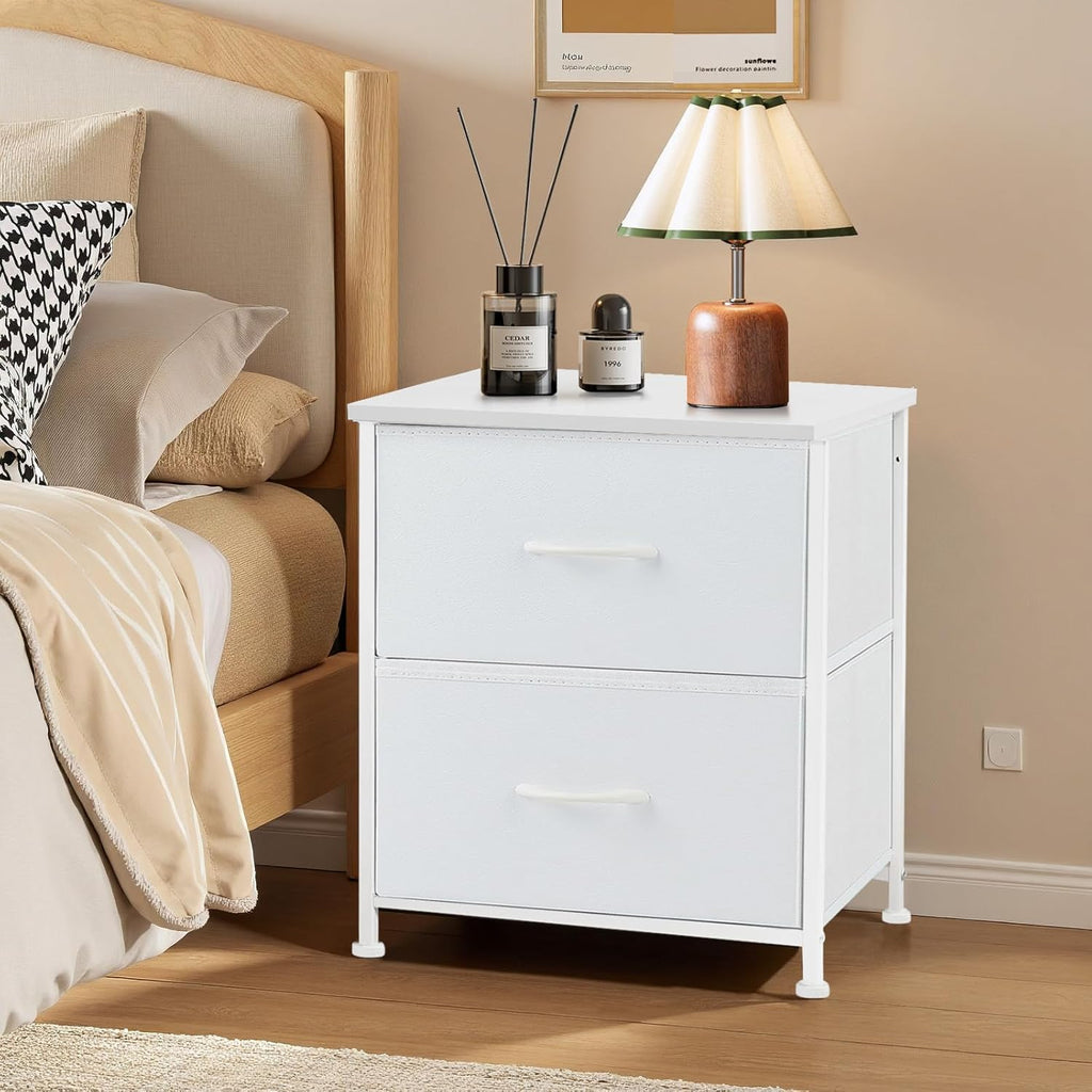 Regine Switzerland Nightstand - Small 2 Drawer Dresser with Wooden Top & Fabric Bins | White, 11.8" D x 18" W x 20" H