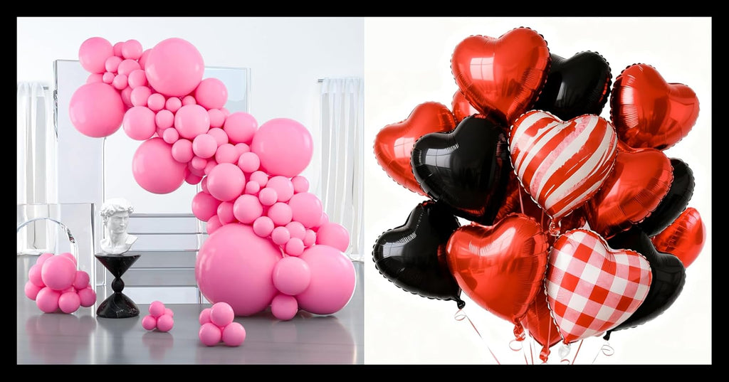 PartyWoo Pink Balloons - 127 Pcs in Various Sizes & Red/Black Heart Foil - Perfect for Valentine's Day & Weddings
