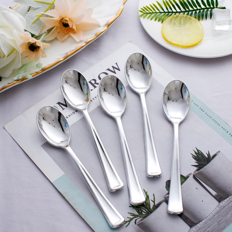 WDF 100 Pack Silver Plastic Spoons Disposable - 6.9 Inch Silver Spoons Heavy Duty Plastic Spoons, Modern Silver Disposable Spoons Perfect for Party Wedding Baby Shower Spring