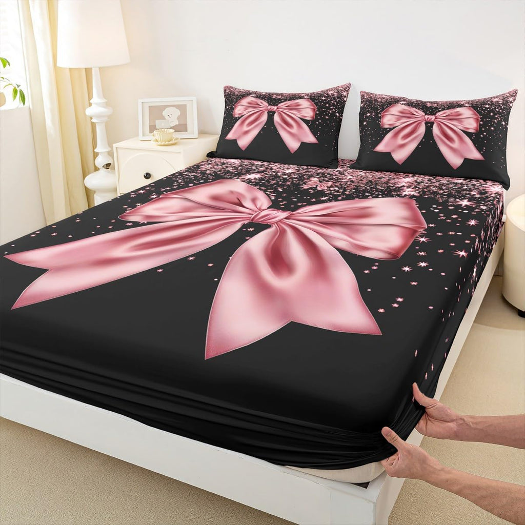 Pink Bowknot Kids Fitted Sheet Queen Size,Pink Glitter Dreamy Girlish Bedding Set,Girls Boys Adults Room Decor,Beauty Glamorous Fashion Bed Cover,Sweet Romantic Bed Sheet,2 Pillowcases